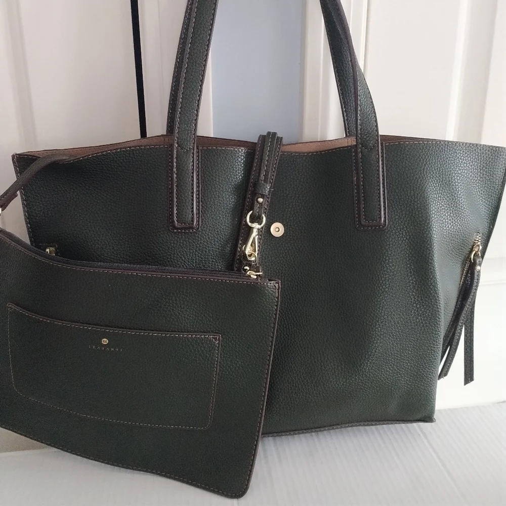 Travanti Pebble Faux Leather Olive Green Tote large with Pouch - Picture 2 of 10